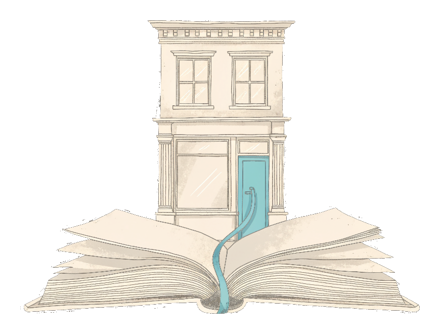 A small shopfront building behind an open ledger, joined by a teal ribbon bookmark