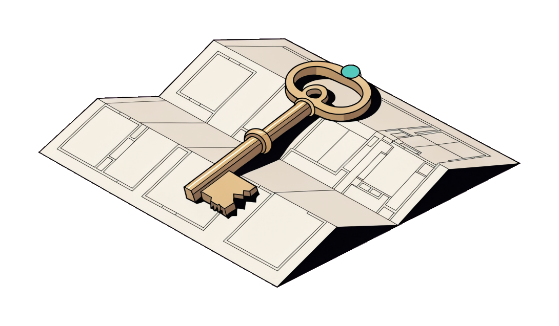 A key resting on a folded building floor plan