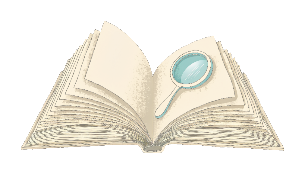 An open ledger with a reading glass resting on a page